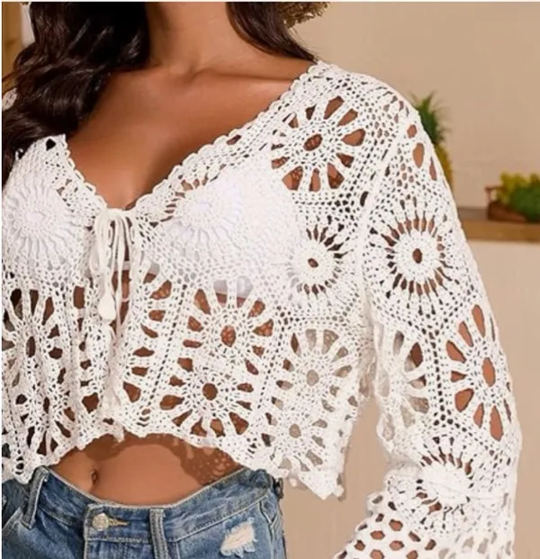 Women’s Crochet Tie Front Cardigan in White OS NWT $68R - Image 4