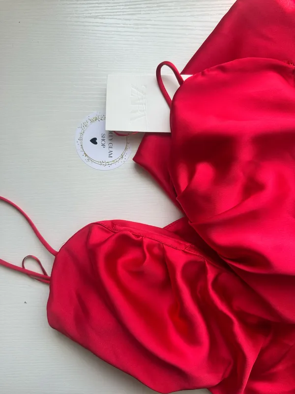 Zara maxi Red Evening Dress corset satin midi wedding party cocktail - Image 17