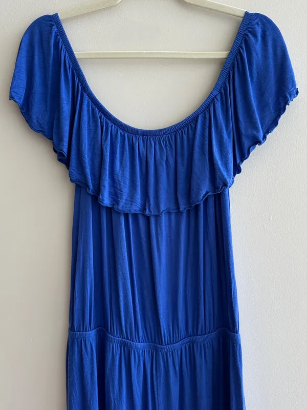 maitai Stretchy Off the Shoulder Ruffle Romper, Casual Summer,Royal Blue, Medium - Image 2