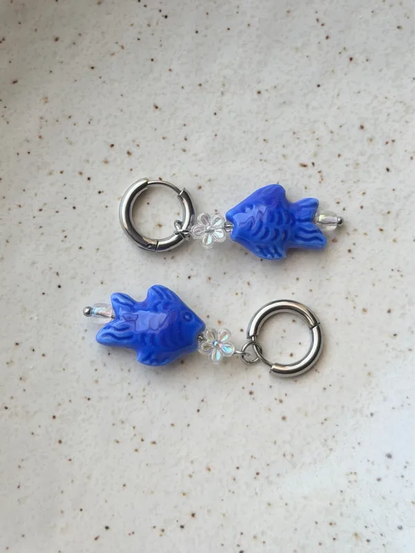 Handmade unique funky cute blue ceramic fish hoop earrings ⭐️🐟💕  - Image 2