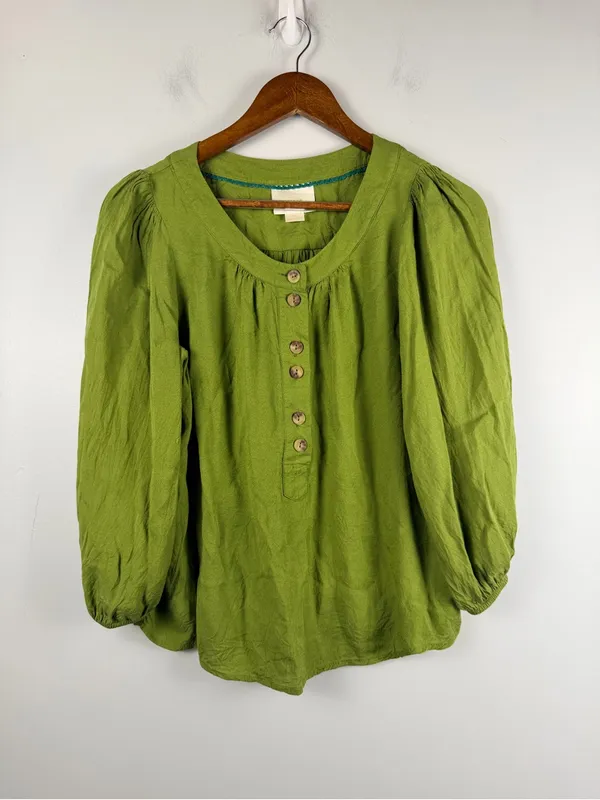 Maeve Anthropologie Green Kalas Button Henley Top Balloon Sleeve Shirt XS - Image 2