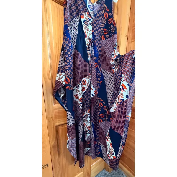 NWOT Lulus Bon Voyage Navy Blue Mixed Print Wide Leg Jumpsuit Slit Pants XS - Image 9