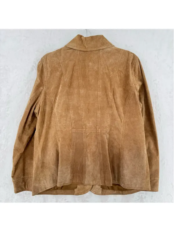 Vtg Tan Genuine Suede Jacket Peplum Button Front Y2K Fall Leather 90s Size 1X - Image 2