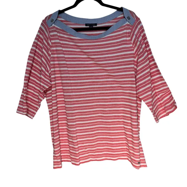 Tommy Hilfiger Womens Striped Knit Top Boat Neck‎ Button Detail Size 2X - Image 2