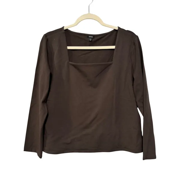 Express Womens XL Brown‎ Square Neck Long Sleeve Top Stretch Knit Shirt - Image 2