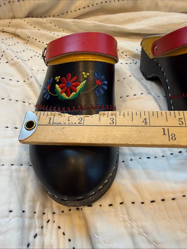 Vintage Swedish Wooden Clogs Embroidered Floral Leather Mules Black Red EU 38 - Image 7
