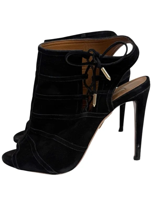 Aquazzura Oui Baby 105 Black Suede Lace Up Peep Toe Stiletto Bootie Size 39/US 9 - Image 4
