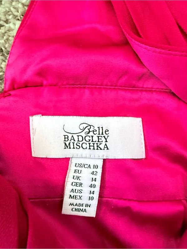 Belle Badges Mischka Bright Pink Formal Dress Plunge V-neck & Back Cut Out Sz10 - Image 7