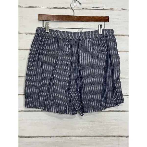 Quince Drawstring Shorts Large Blue White Striped 100% Linen Pull-On Pockets - Image 4