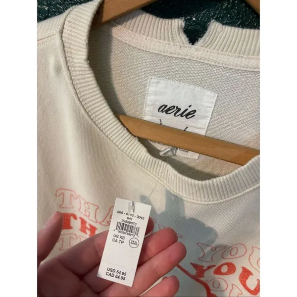 Aerie Tan Thank You Smiley NWT Oversized Crewneck Sz XS - Image 2