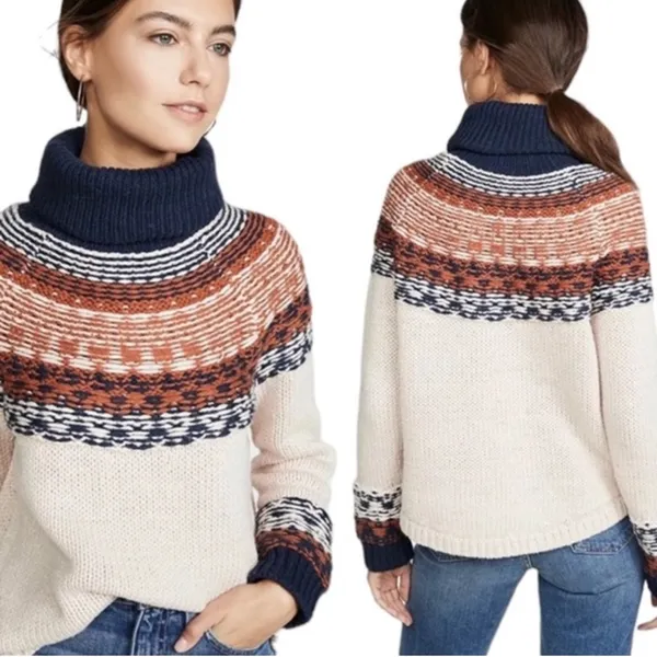Madewell Brookdale Fair Isle Turtleneck Sweater Navy Orange Fall Small Autumn - Image 3
