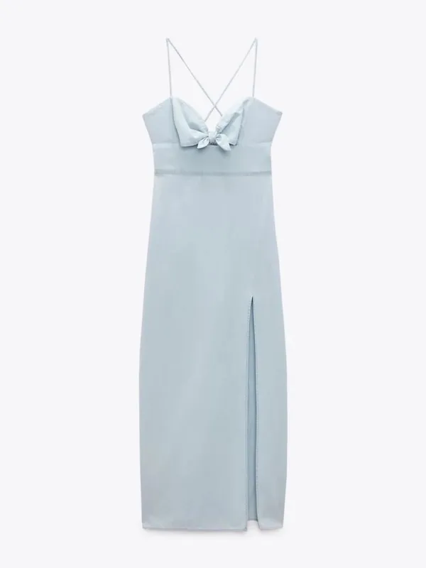 Zara Light Blue Midi Dress with Tie-Front and High Slit - Image 5