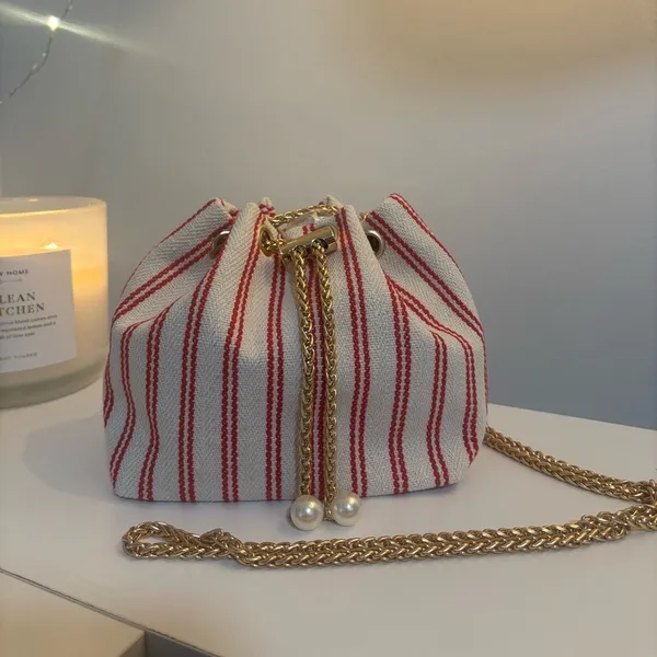 Striped Red and White Linen Bucket Bag - Image 4