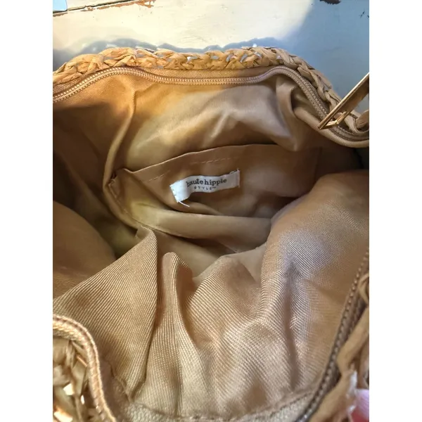 Haute Hippie Woven Straw Pearl Hobo Shoulder Bag Tan NWT boho beach resort daint - Image 5