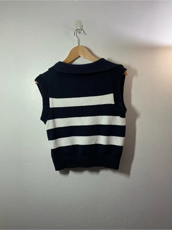 Moon & Madison Navy & White Striped Collared V‑Neck Knit Sleeveless Sweater - Image 2