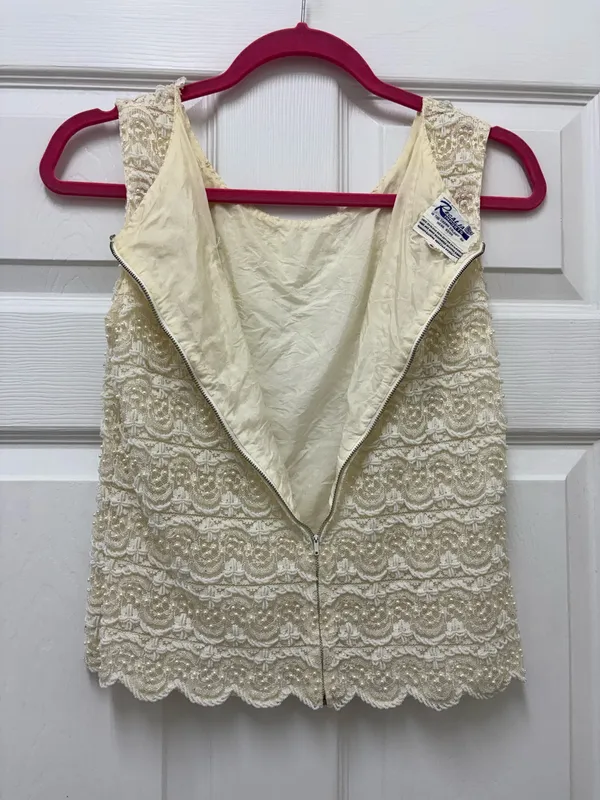 Vintage 1960s Regalia Imports Beaded Silk Lace Top Sleeveless Shell Cream S - Image 4