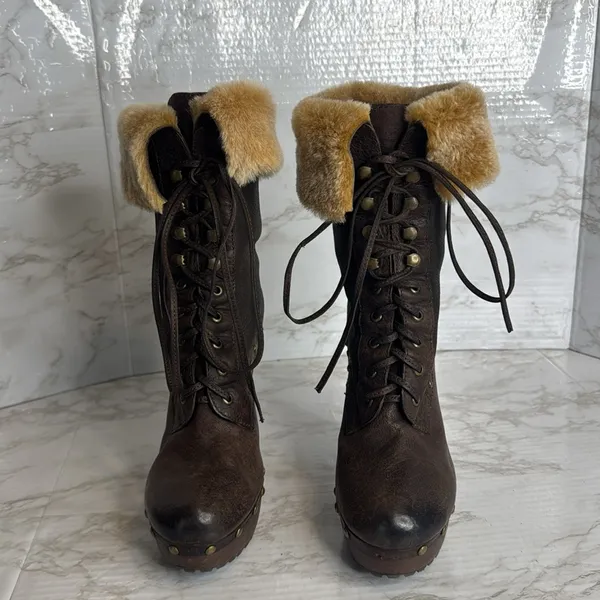 Sam Edelman Winsford Brown Leather Lace‎ Up Clogs Fur Booties Size 6.5M festival - Image 4