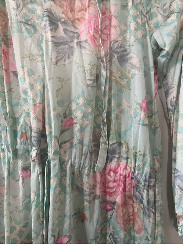 Floral Mint Green Pink Satin Maxi Dress Medium Spa Resort Lounge Caftan Beach - Image 5