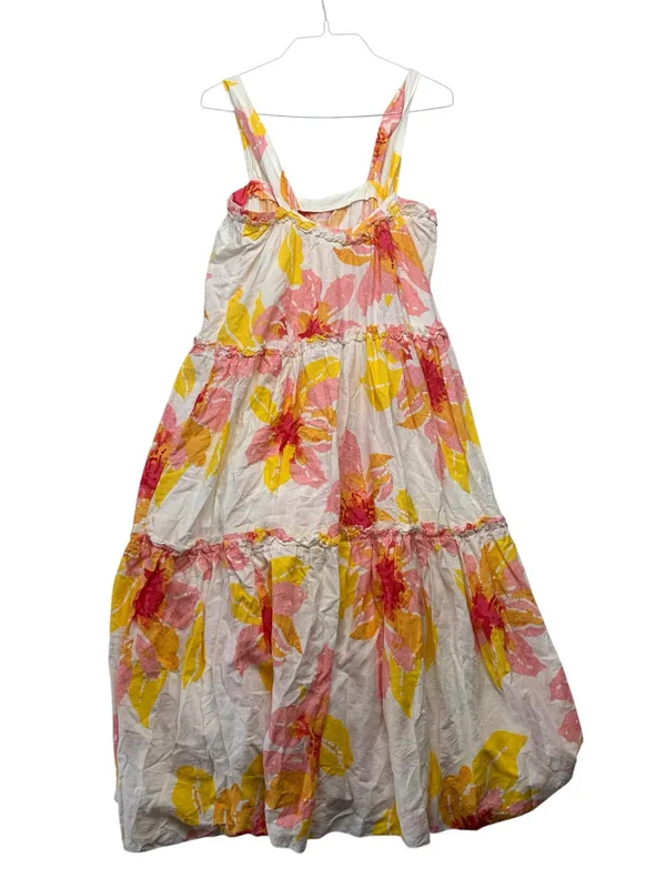 Free People size small floral tropical White Tiered Sundress Pink Yellow Print - Image 10