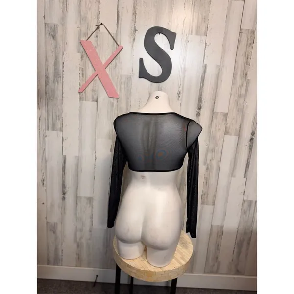 Black Lace Mesh Tie Front Crop Top XS Sheer Long Sleeve Bolero Style - Image 2