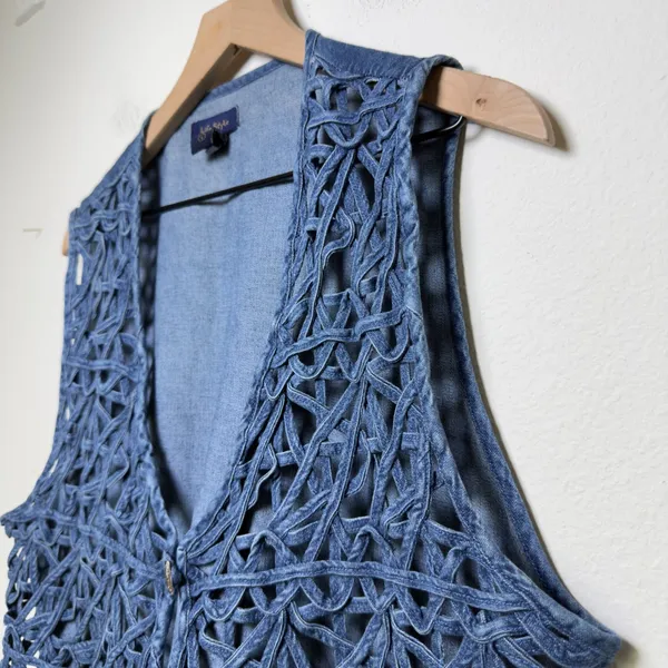 VTG Y2K Women 100% Cotton Western Vest Large Blue Denim Lattice Crochet Cowgirl‎ - Image 3