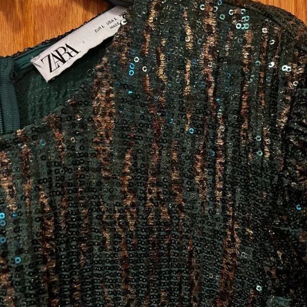 ZARA Sequin Puff Long Sleeve Special Limited Edition Emerald Green &‎ Gold Dress - Image 8