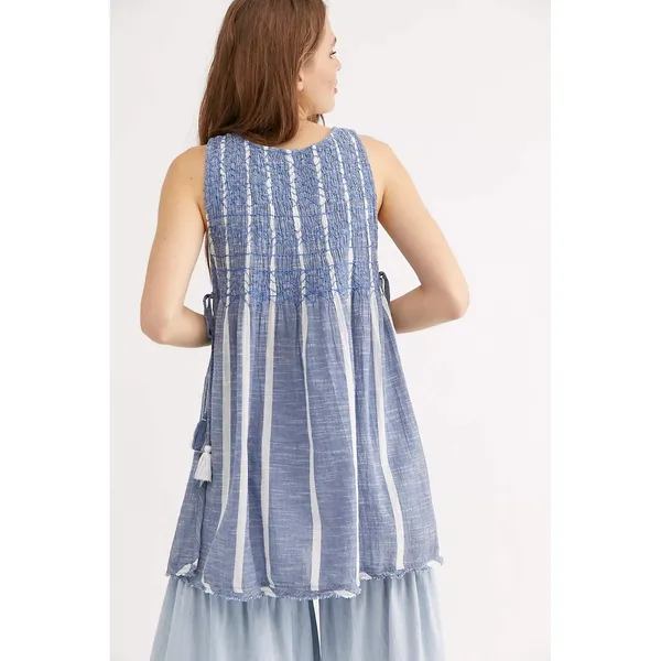 Free People Obi Posey Smocked Tank Top Striped Boho Hippie M Blue White Fringe - Image 3