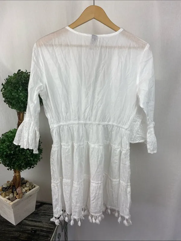 Me 2 Magic White 3/4 Sleeve Crochet Eyelet Lace Mini Dress M - Image 3