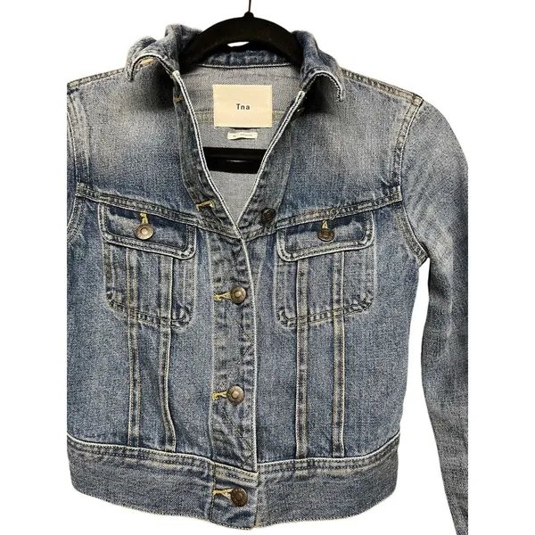 Aritzia TNA The Tina Crop Washed Denim Light Blue Jacket‎ Biker Style Size XS - Image 3