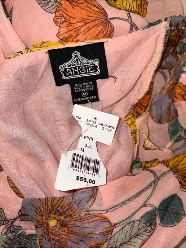 Angie Floral Ruffle Handkerchief Hem Midi Dress Pink Medium NWT - Image 5