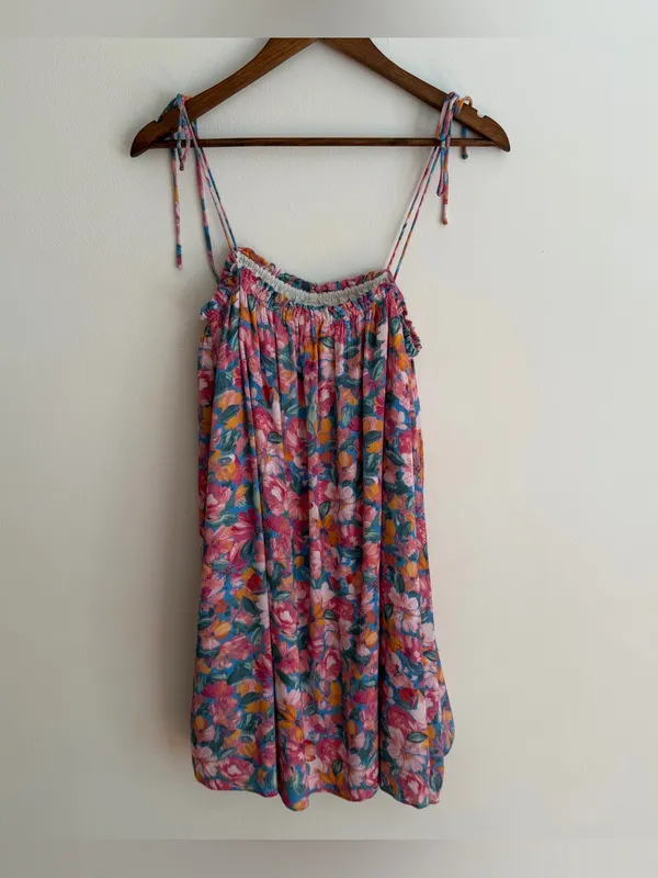 Sadie & Sage Floral Mini Dress Tie Shoulder Straps Smocked Pink Blue Large L - Image 7