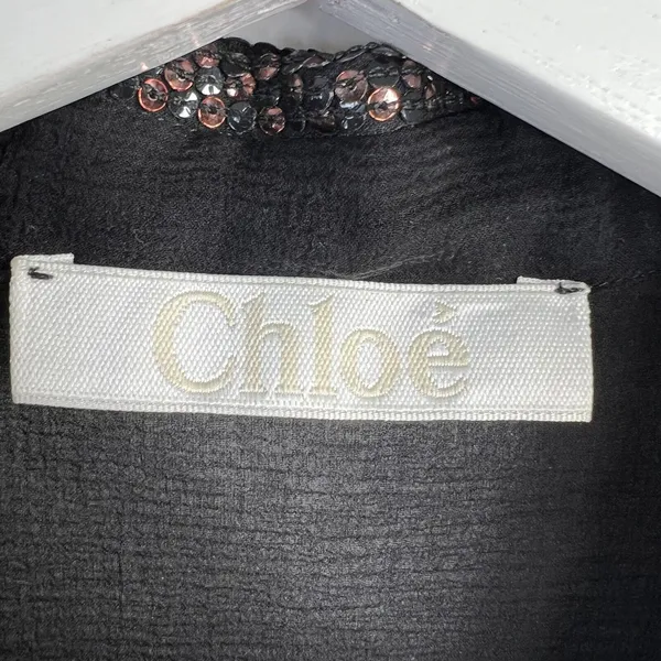 Chloé Size S 4 Blouse Black Semi Sheer Button Up Metallic Copper Sequin‎ Collar - Image 6