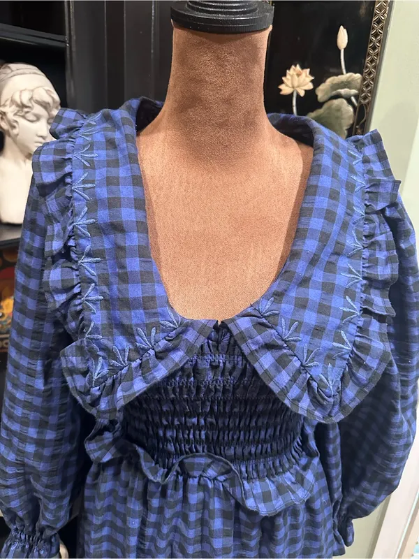MANGO Blue & Black Gingham Smocked Babydoll Dress – Size 2 - Image 2