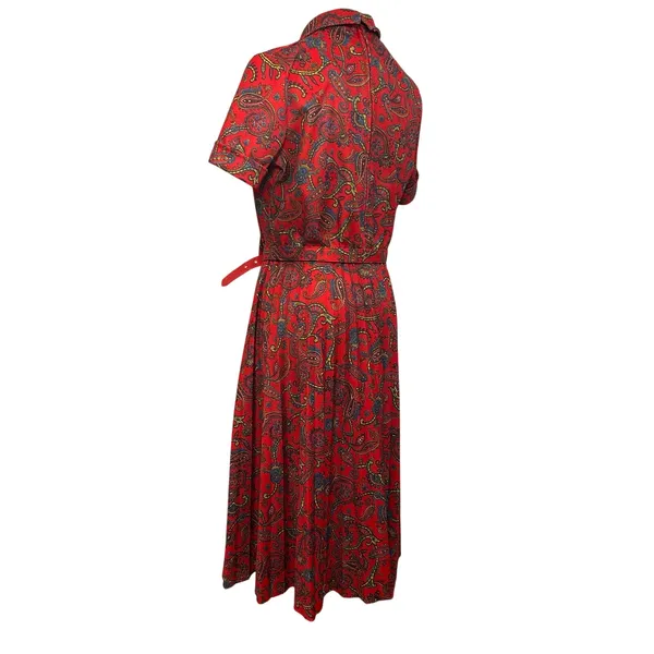 VTG 70s Red Paisley Dagger Collar Midi Dress with Matching Belt M Whimsygoth - Image 11