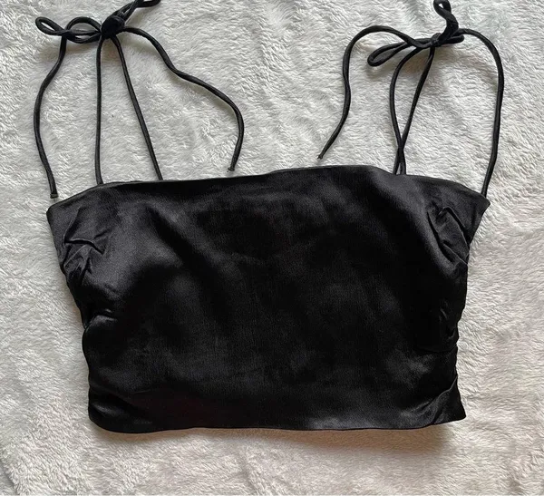 Zara Smocked Satin Bow Tie Strap Minimalist Chic Going Out Crop Party Top Small - Image 2