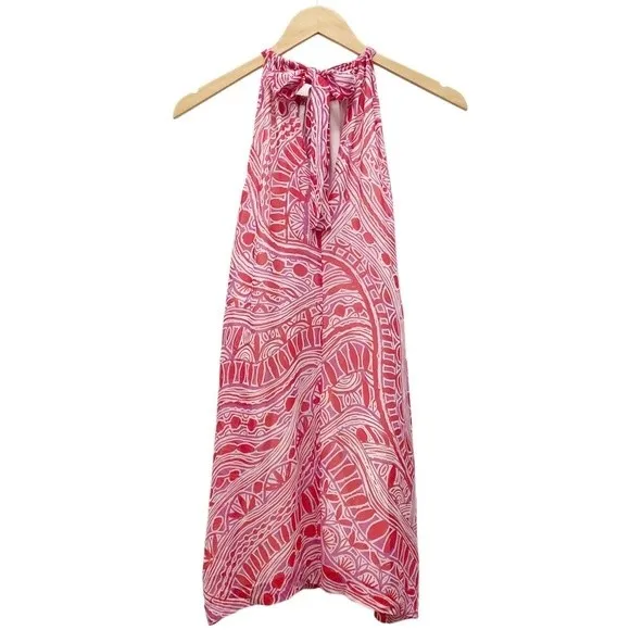 Trina Turk Dress 100% Silk Halter A-Line Mini Red Pink Tribal Print Size Medium - Image 3