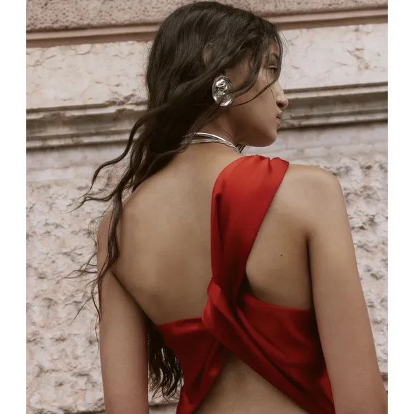 Zara Red Asymmetrical One Shoulder Satin Gown Maxi Dress Formal Grecian Holiday - Image 11