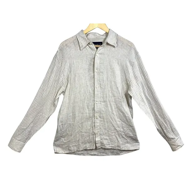 Abercrombie & Fitch White Gray Stripe Linen Long Sleeve Button Down Shirt Size M - Image 2
