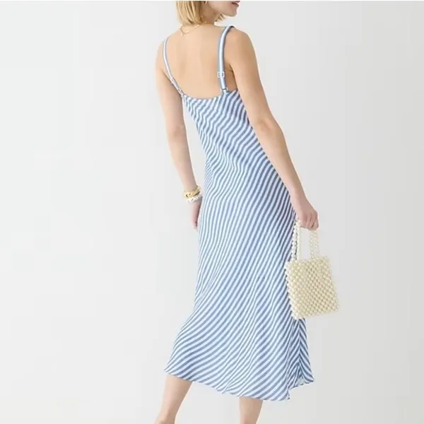 J. Crew Gwyneth Slip Midi Dress Women's 2 Cupro Blend Blue White Striped V-Neck - Image 2
