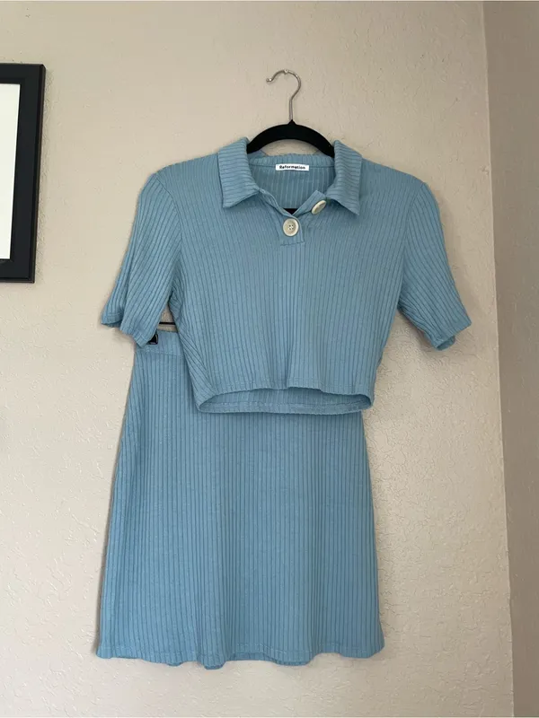 Reformation Peggy Two Piece Set Size Small Turquoise Polo Crop Top and Skirt - Image 6