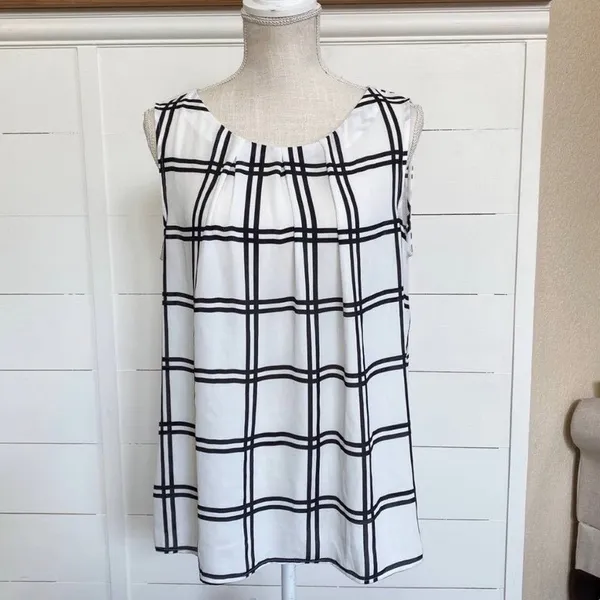 LOFT Women's Windowpane Pleated Dressy Sleeveless Blouse -‎ L EUC - Image 6