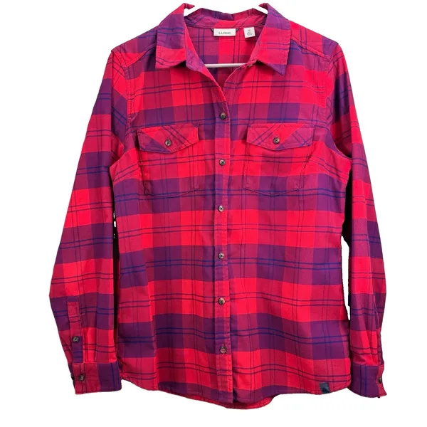 LL Bean Whisper Lodge Red Plaid Flannel Button Up Shirt Pockets MEDIUM - Image 3