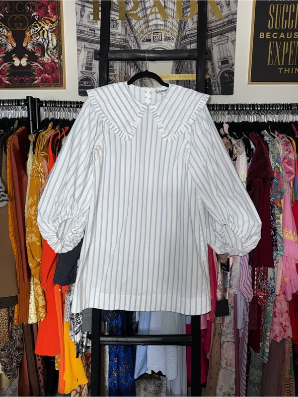 Ganni Blue White Stripe Balloon Sleeve Mini Dress Peter Pan Collar EU 38 US 6 - Image 4