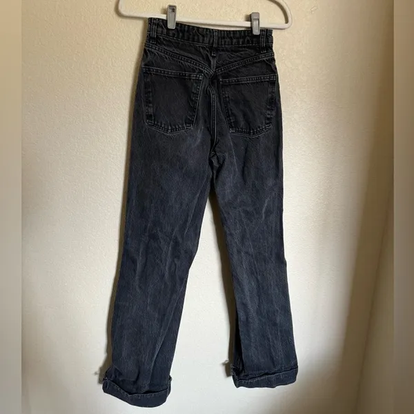 ZARA Cuffed Hem‎ Folded Over High Rise Wide Leg Jeans Sz 4 Black Distressed - Image 6