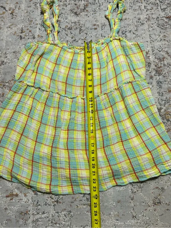 Anthropologie Plaid gauze Ruffle Mini Dress Boho Babydoll yellow size XL - Image 7