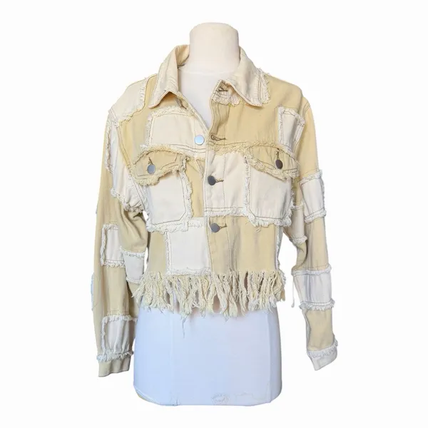 POL Patchwork Fringe Jacket Mixed Media Cropped Boho Raw Edge Button Front Small - Image 4