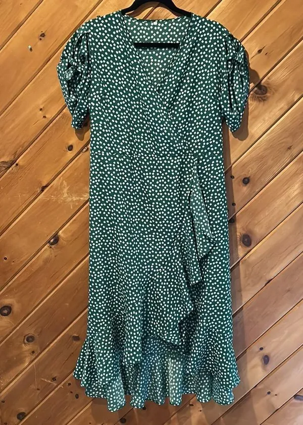 Green white dot Bohemia ruffle wrap maxi dress - Image 3