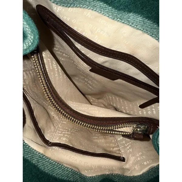 Kate Spade Wool Satchel Top Leather Handle Bag Medium‎ Green Striped 18x14" F - Image 6