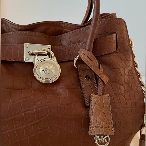NWT Michael Kors Hamilton Croc-Embossed Leather Satchel - Brown/Gold - Image 3