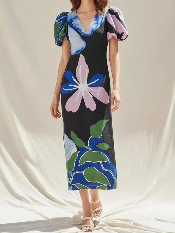 ANTHROPOLOGIE Puff-Sleeve A-Line Maxi Dress, Black Floral, Small - Image 4